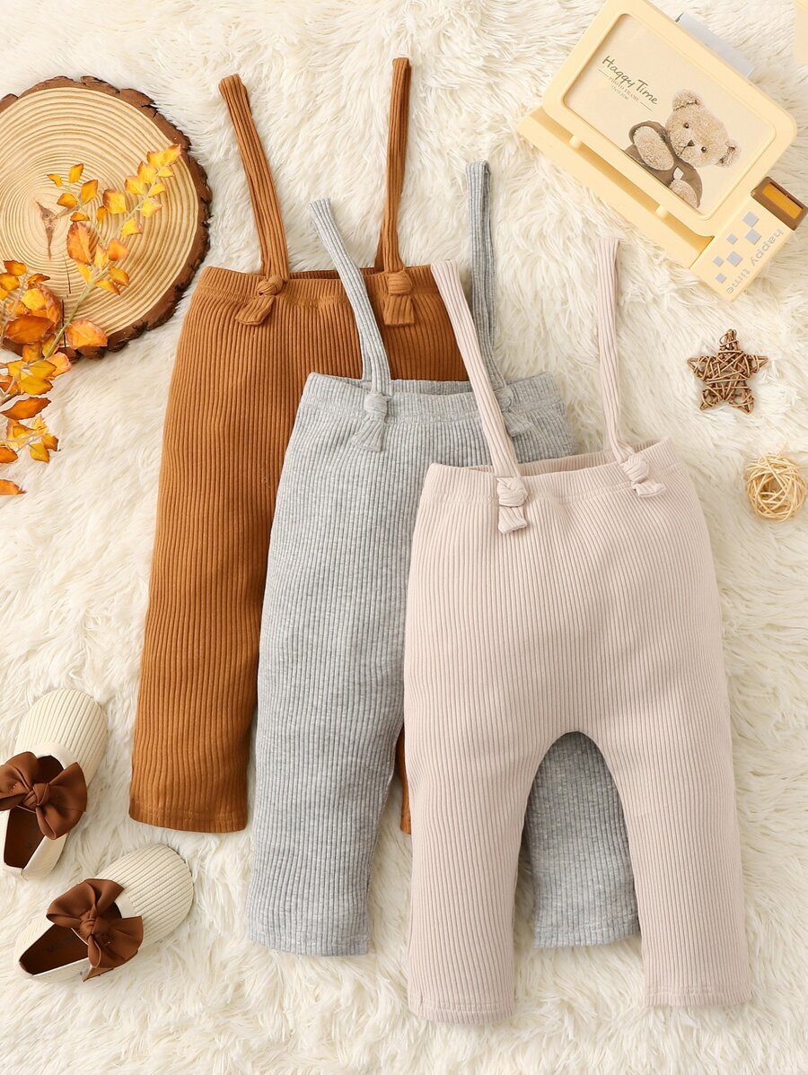 Bebé 3 piezas Pantalones de tiras tejido de canalé unicolor