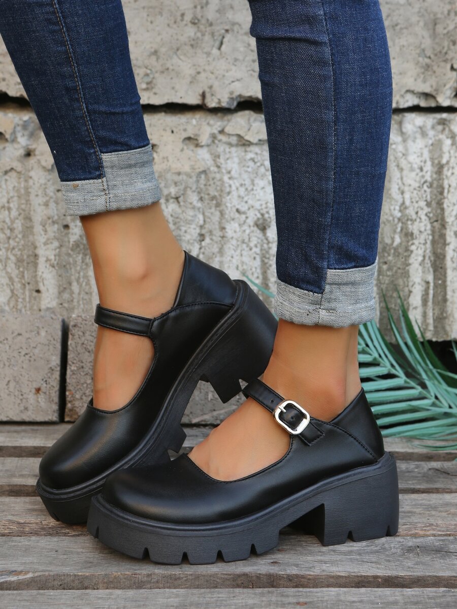 Buckle Decor Platform Mary Jane Shoes - Black - View 1