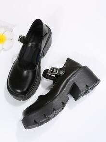 Buckle Decor Platform Mary Jane Shoes - Black - View 2