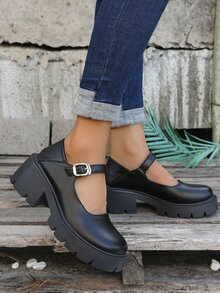 Buckle Decor Platform Mary Jane Shoes - Black - View 4