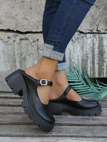Buckle Decor Platform Mary Jane Shoes - Black - View 5