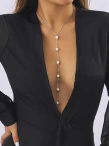 1條優雅時尚的假珍珠吊墜y形項鍊,適用於商務、休閒、派對和宴會,女性迷人的珠寶飾品 - 銀色 - 查看 1