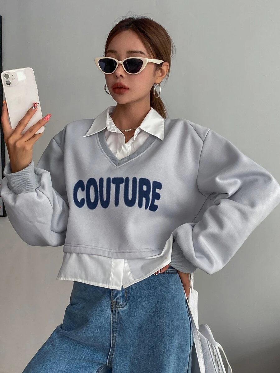 DAZY Áo nỉ Đồ họa Chữ cái 2 trong1 Thả vai - Xám - Xem 1