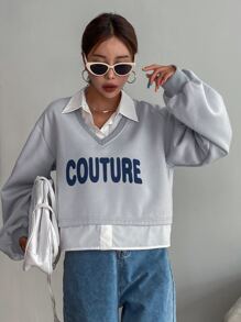 DAZY Áo nỉ Đồ họa Chữ cái 2 trong1 Thả vai - Xám - Xem 6