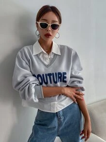 DAZY Áo nỉ Đồ họa Chữ cái 2 trong1 Thả vai - Xám - Xem 8