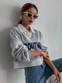 DAZY Áo nỉ Đồ họa Chữ cái 2 trong1 Thả vai - Xám - Xem 9