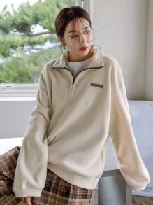 DAZY Letter Patched Detail Drop Shoulder Fleece Sweatshirt - Beige - View 7