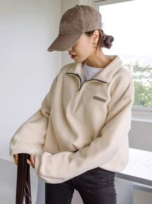 DAZY Letter Patched Detail Drop Shoulder Fleece Sweatshirt - Beige - View 6
