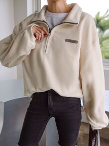 DAZY Letter Patched Detail Drop Shoulder Fleece Sweatshirt - Beige - View 1