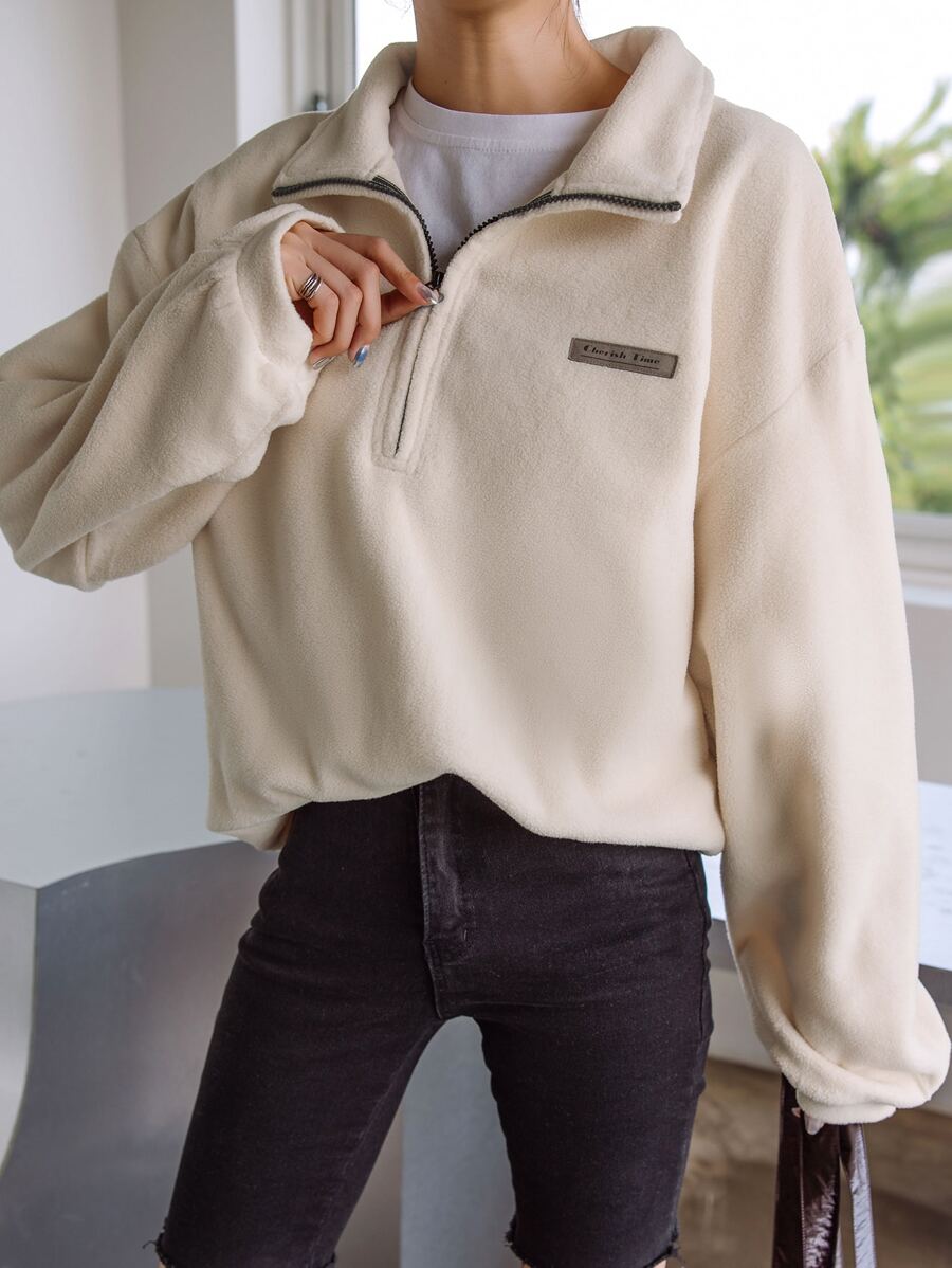 DAZY Letter Patched Detail Drop Shoulder Fleece Sweatshirt - Beige - View 1