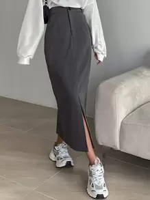 DAZY High Waist Split Hem Skirt Fall - Dark Grey - View 8
