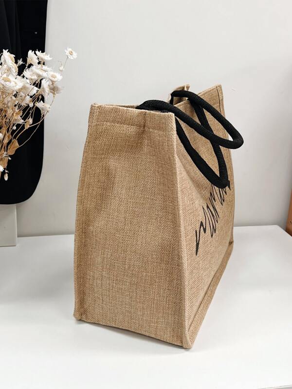 Heart & Letter Graphic Linen Shopper Bag Simple Letter Print Tote