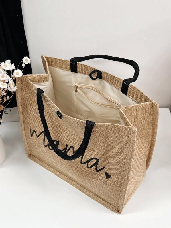 Heart & Letter Graphic Linen Shopper Bag Simple Letter Print Tote