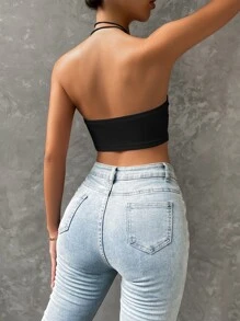 SHEIN ICON Áo nữ Bất đối xứng Lộ Lưng Gân đan màu trơn Gợi cảm - màu đen - Xem 2