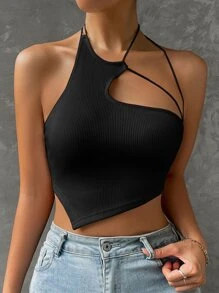 SHEIN ICON Áo nữ Bất đối xứng Lộ Lưng Gân đan màu trơn Gợi cảm - màu đen - Xem 3