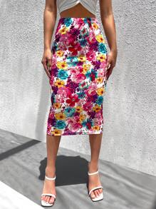 SHEIN Clasi Falda ajustada con estampado floral - Multicolor - Ver 3