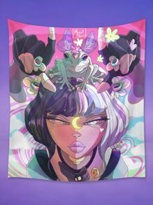 Moxxi Monroe Cyber Luvr Cartoon Figure & Frog Print Tapestry - Multicolor - View 1