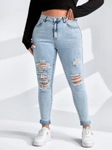 SHEIN EZwear Jeans ajustados desgarro - Lavado ligero - Ver 1