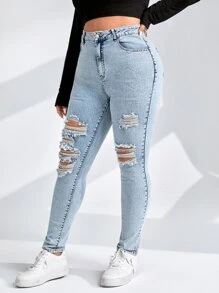 SHEIN EZwear Jeans ajustados desgarro - Lavado ligero - Ver 3