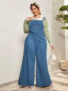 Plus Flap Pocket Wide Leg Denim Dungarees Without Top - Medium Wash - View 1