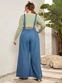 Plus Flap Pocket Wide Leg Denim Dungarees Without Top - Medium Wash - View 2