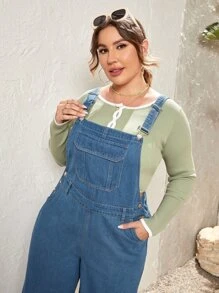 Plus Flap Pocket Wide Leg Denim Dungarees Without Top - Medium Wash - View 3