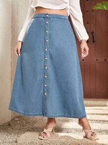 Plus High Waist Button Front Denim Skirt - Light Wash - View 1