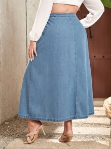 Plus High Waist Button Front Denim Skirt - Light Wash - View 2