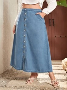 Plus High Waist Button Front Denim Skirt - Light Wash - View 3