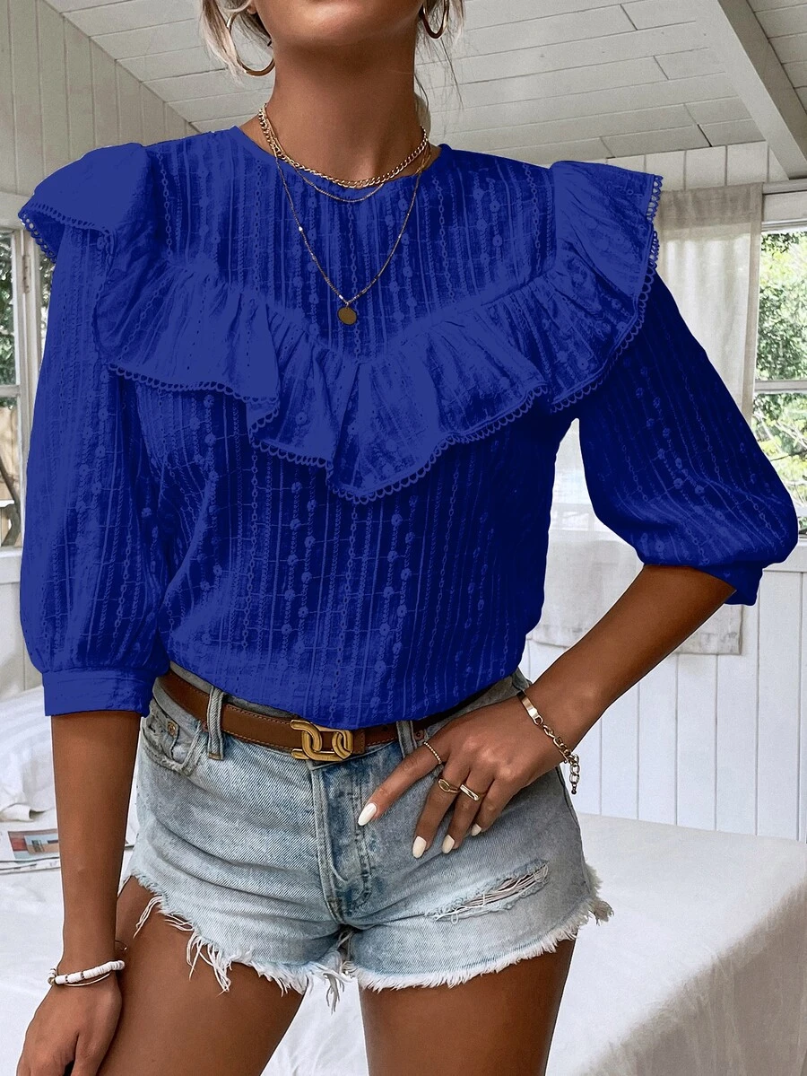 SHEIN VCAY Blusa ribete con fruncido con bordado con ojal - Azul - Ver 1