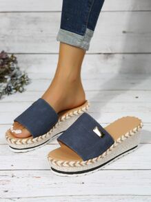金屬裝飾編織坡跟涼鞋 - 藍色 - 查看 6
