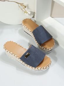 金屬裝飾編織坡跟涼鞋 - 藍色 - 查看 3