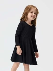 SHEIN Leap Crew Young Girl Casual Soft Cozy Round Neck Long Sleeve Solid Color Waisted Dress - Black - View 3