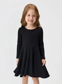 SHEIN Leap Crew Young Girl Casual Soft Cozy Round Neck Long Sleeve Solid Color Waisted Dress - Black - View 4