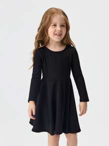 SHEIN Leap Crew Young Girl Casual Soft Cozy Round Neck Long Sleeve Solid Color Waisted Dress - Black - View 5