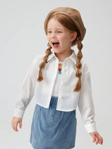 SHEIN Young Girl Versatile Solid Color Turndown Collar Dolman Sleeve Front Button Placket Shirt