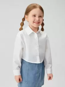 SHEIN Young Girl Versatile Solid Color Turndown Collar Dolman Sleeve Front Button Placket Shirt
