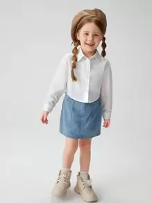 SHEIN Young Girl Versatile Solid Color Turndown Collar Dolman Sleeve Front Button Placket Shirt