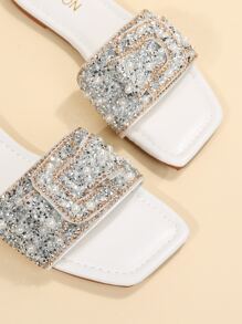 Women Rhinestone & Faux Pearl Decor Flat Sandals, Glamorous Glass Slide Sandals For Outdoor