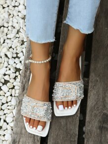 Women Rhinestone & Faux Pearl Decor Flat Sandals, Glamorous Glass Slide Sandals For Outdoor