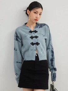 Nữ Cardigans Nút phía trước Đồ họa Giải trí - Màu xanh bụi bặm - Xem 1