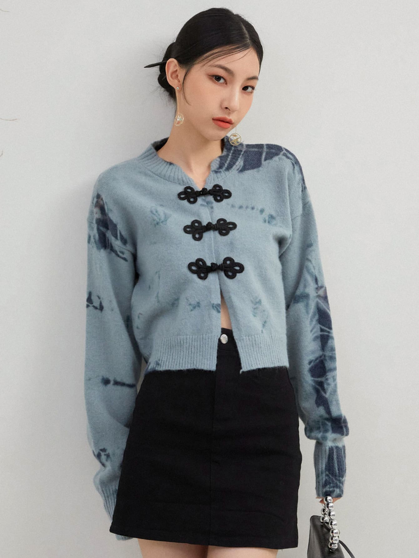 Nữ Cardigans Nút phía trước Đồ họa Giải trí - Màu xanh bụi bặm - Xem 1