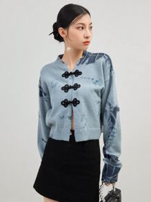 Nữ Cardigans Nút phía trước Đồ họa Giải trí - Màu xanh bụi bặm - Xem 4