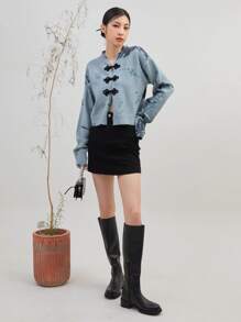 Nữ Cardigans Nút phía trước Đồ họa Giải trí - Màu xanh bụi bặm - Xem 5