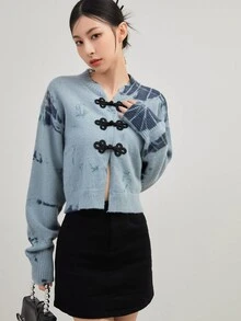 Nữ Cardigans Nút phía trước Đồ họa Giải trí - Màu xanh bụi bặm - Xem 6