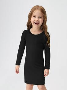 SHEIN 少女針織柔軟休閒百搭圓領長袖連衣裙 - 黑色 - 查看 3
