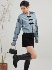 Nữ Cardigans Nút phía trước Đồ họa Giải trí - Màu xanh bụi bặm - Xem 7