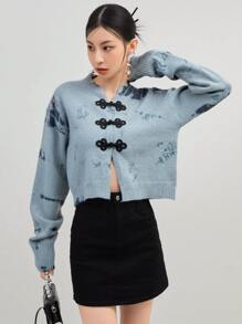 Nữ Cardigans Nút phía trước Đồ họa Giải trí - Màu xanh bụi bặm - Xem 8