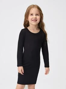 SHEIN 少女針織柔軟休閒百搭圓領長袖連衣裙 - 黑色 - 查看 5
