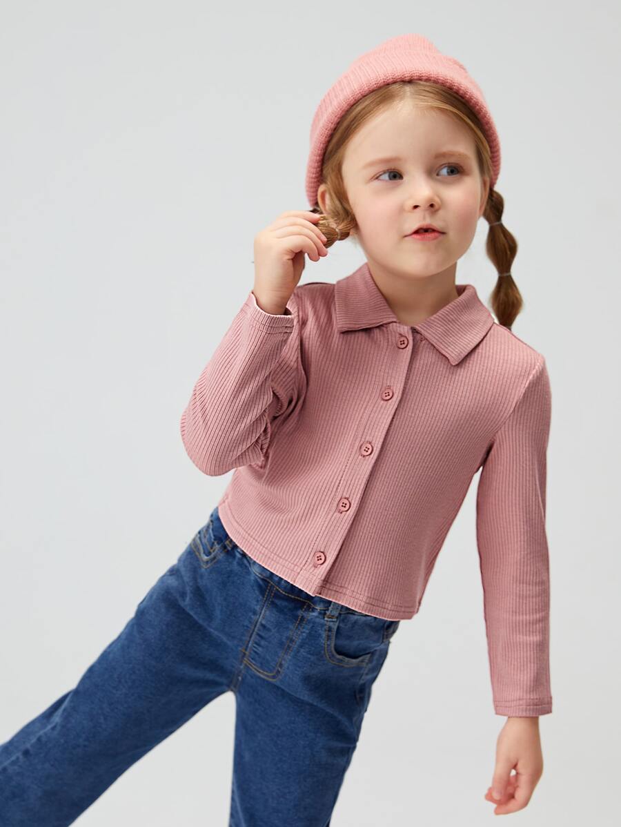 SHEIN تي شيرت محبوك مضلع أزرار أمامية للبنات الصغار